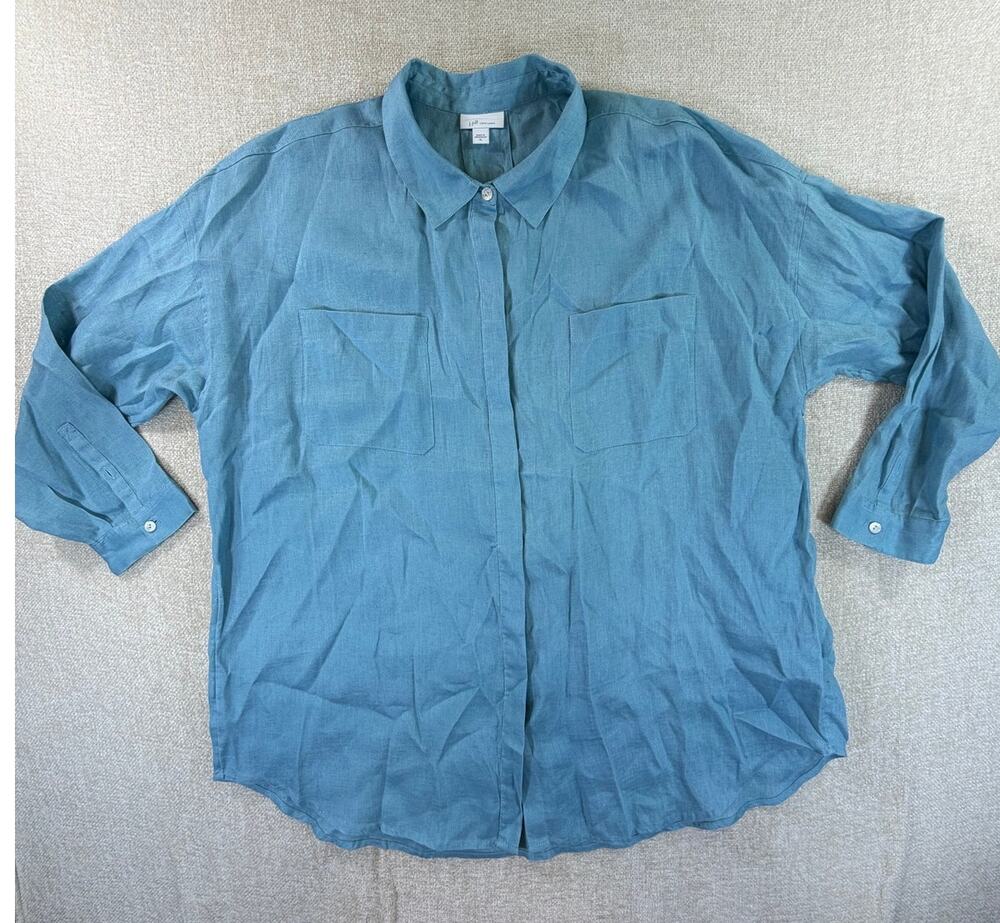 J. Jill Women XL Blue Love Linen 100% Linen Long Sleeve Boyfriend Button Shirt